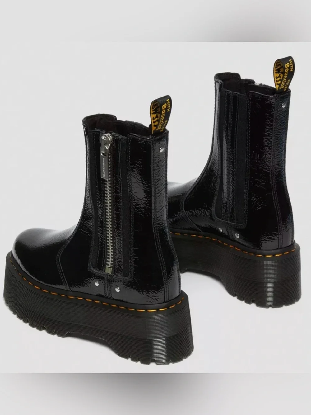 DR. MARTENS 2976 MAX DISTRESSED PATENT CHELSEA PLATFORM BOOTS, SZ 8, NEW, $220.